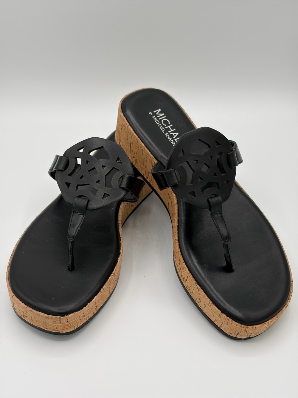 MICHAEL Michael Shannon Black Cork Wedge Thong Sandals